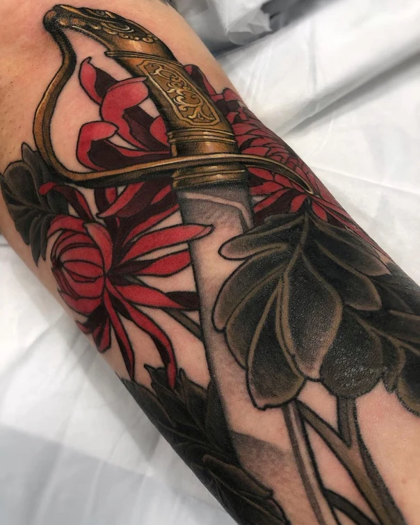 Japanese Sword, Flowers tattoo on Forearm