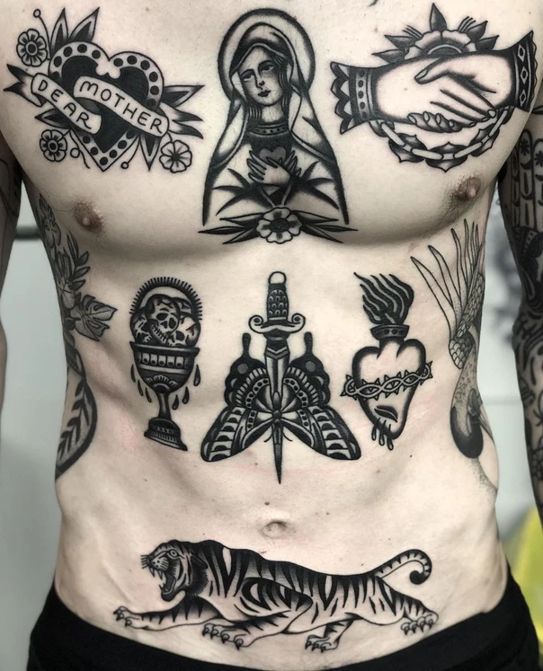 Traditional Heart, Dagger tattoo on Chest