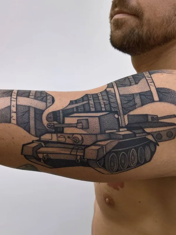 male black and grey blackwork tattoo on upper arm #46119 | Tattoo Artist Krzysztof Futro