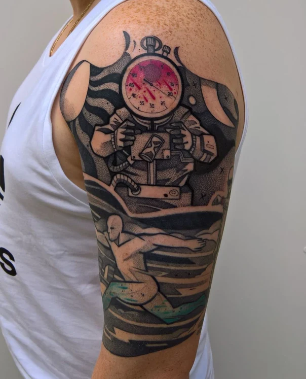 Illustrative Astronaut, Hourglass tattoo on Full Sleeve