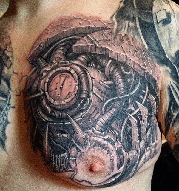 male black and grey biomechanical 纹身 在 chest #46157 | 纹身师 Павел Ангел Арефьев