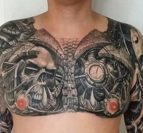 black and grey biomechanical 纹身 在 chest #46153 | 纹身师 Павел Ангел Арефьев