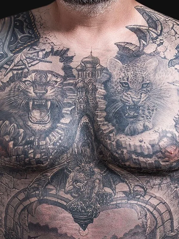 male black and grey realism 纹身 在 chest #46158 | 纹身师 Павел Ангел Арефьев