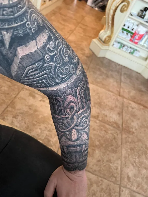 black and grey black and grey 纹身 在 full sleeve #46161 | 纹身师 Павел Ангел Арефьев