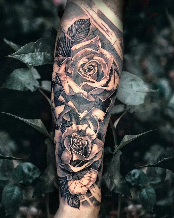 Realism Rose, Leaves tattoo on Forearm