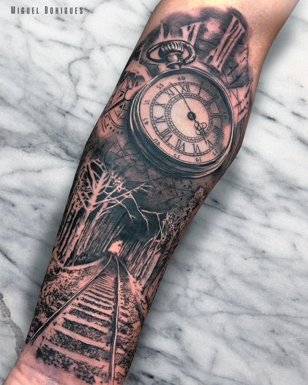Realism Pocket watch, Railroad tracks tattoo on Forearm