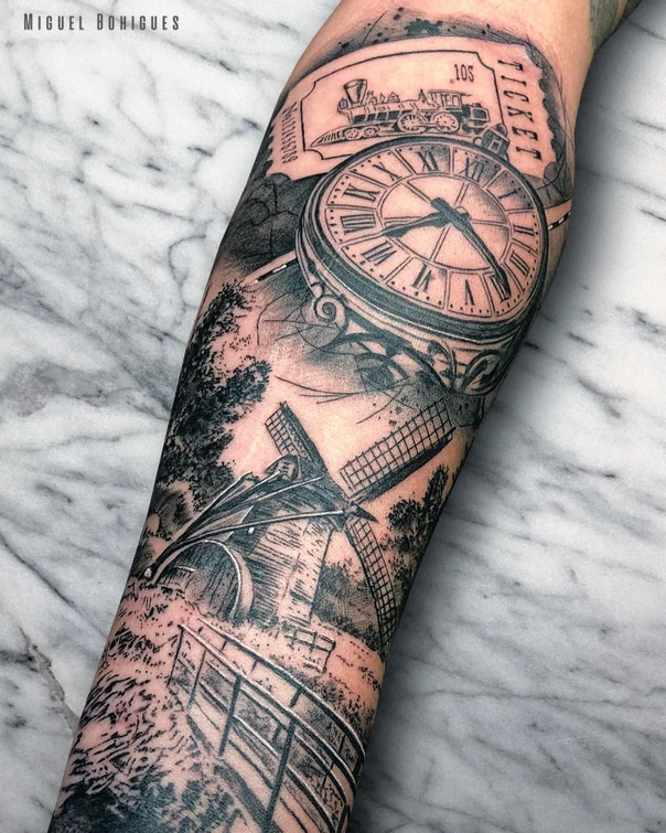 Black & Grey Clock, Windmill tattoo on Forearm