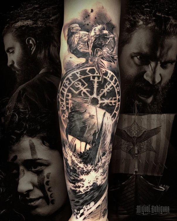 Black & Grey Raven, Viking ship tattoo on Forearm
