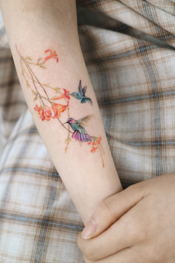 Watercolor Hummingbird, Flowers tattoo on Forearm