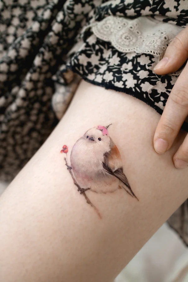 Watercolor Bird, Flower tattoo on Thigh