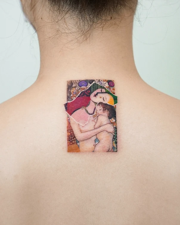 Illustrative Mother and child tattoo on Back of Neck