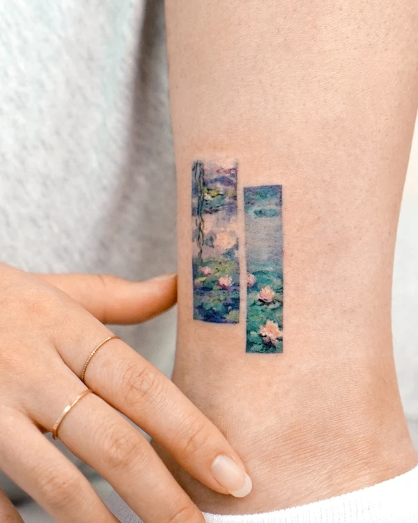 Watercolor Landscape, Flowers tattoo on Ankle
