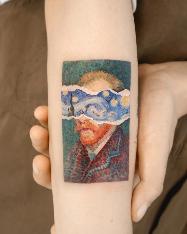 Realism Portrait, Landscape tattoo on Forearm