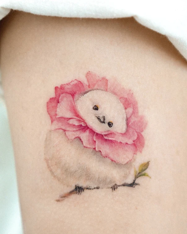 Watercolor Bird, Flower tattoo on Thigh