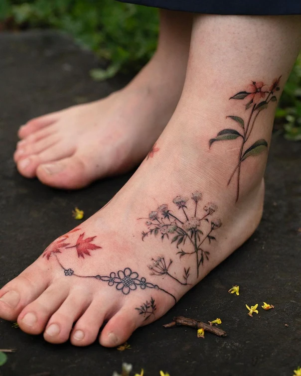 Botanic Flowers, Leaves tattoo on Foot