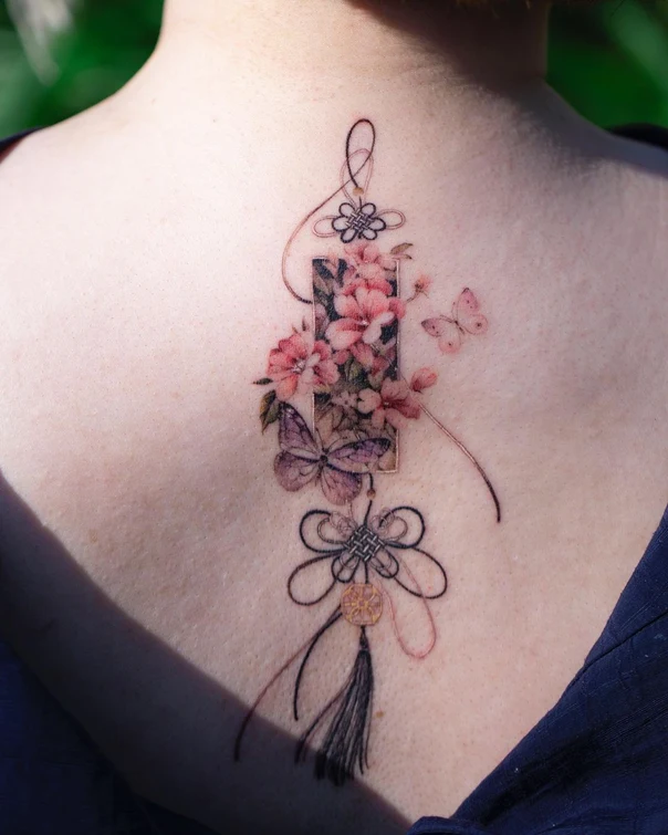 Illustrative Flowers, Butterflies tattoo on Upper Back