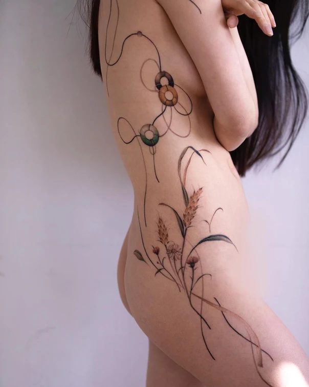 Fineline Flowers, Wheat tattoo on Side