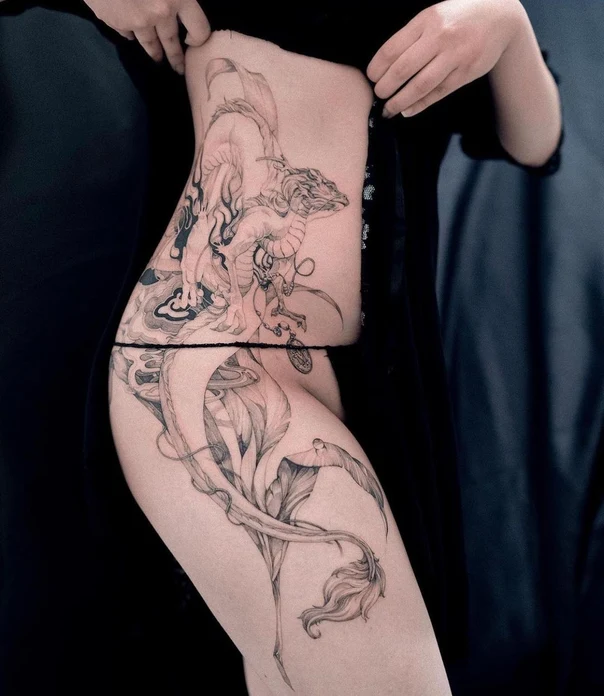 Illustrative Dragon, Floral tattoo on Hip