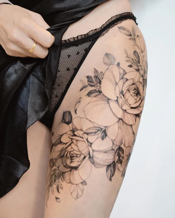Fineline Rose, Leaves tattoo on Thigh