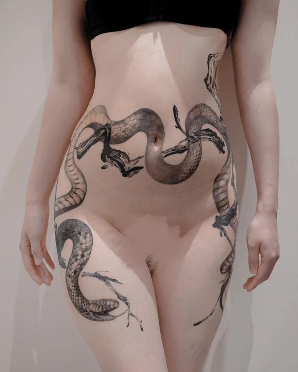 Sketch Snake, Branches tattoo on Stomach