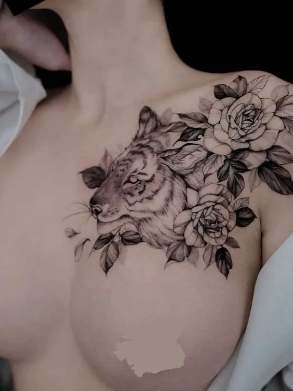 female black and grey realism tattoo on chest #46260 | Tattoo Artist Zihwa