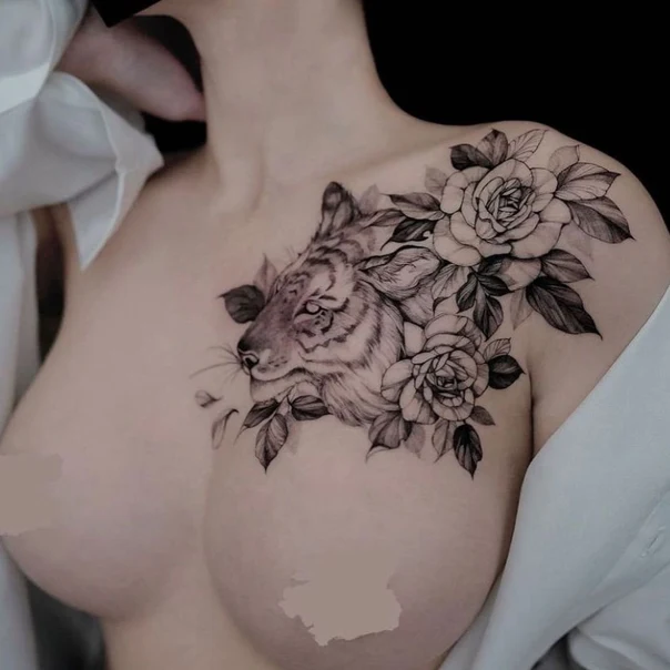 Realism Tiger, Roses tattoo on Chest