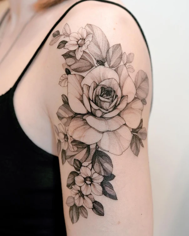 Fineline Rose, Flowers tattoo on Shoulder