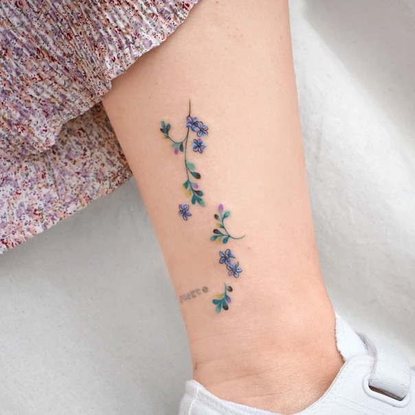 Botanic Flowers, Leaves tattoo on Ankle