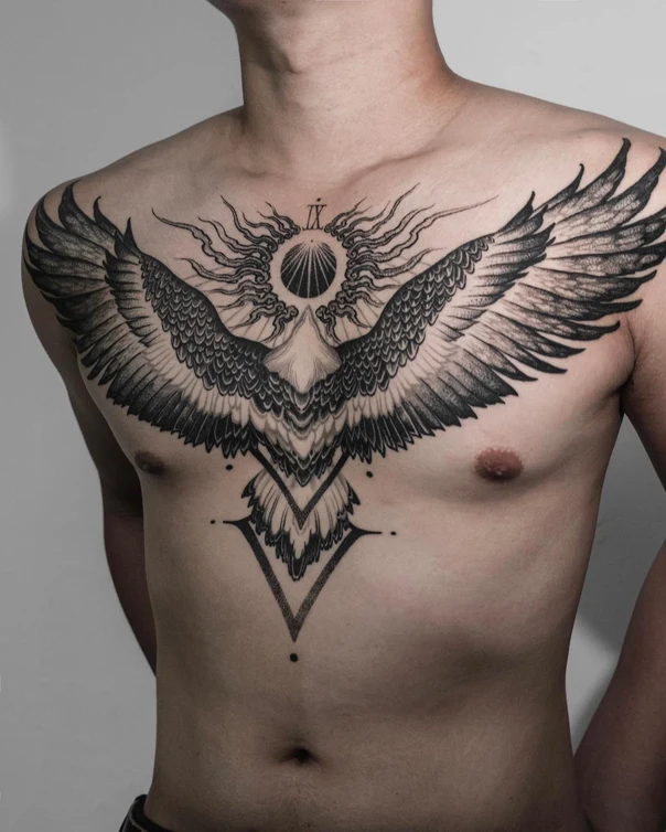 Blackwork Wings, Sun tattoo on Chest