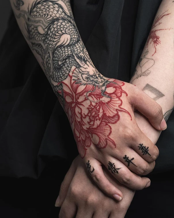 Japanese Dragon, Flower tattoo on Hand