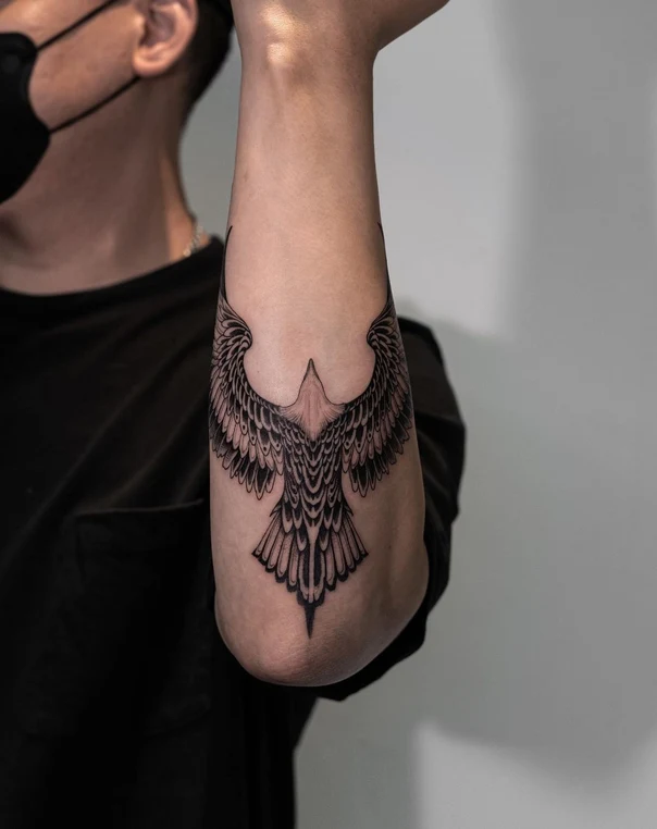 Blackwork Bird, Wings tattoo on Forearm