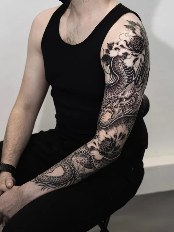 male black and grey japanese татуировка на full sleeve #46361 | Тату мастер Arang eleven
