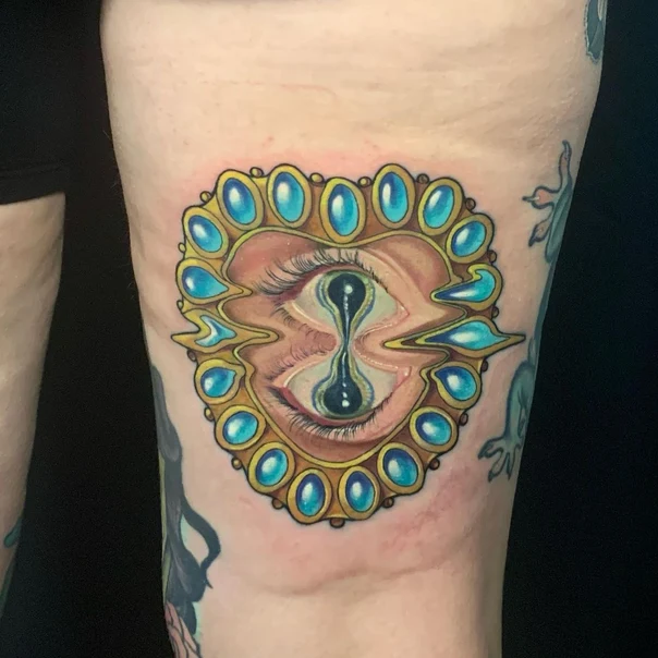 Surrealism Eye, Hourglass tattoo on Thigh