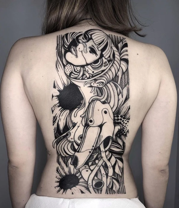 Blackwork Sunflower, Face tattoo on Full Back