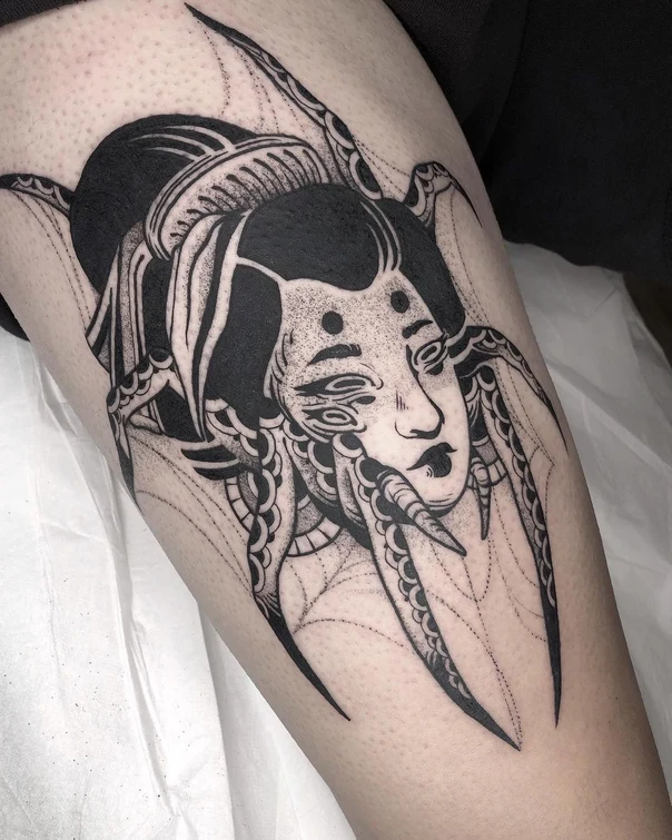 Blackwork Spider, Face tattoo on Thigh