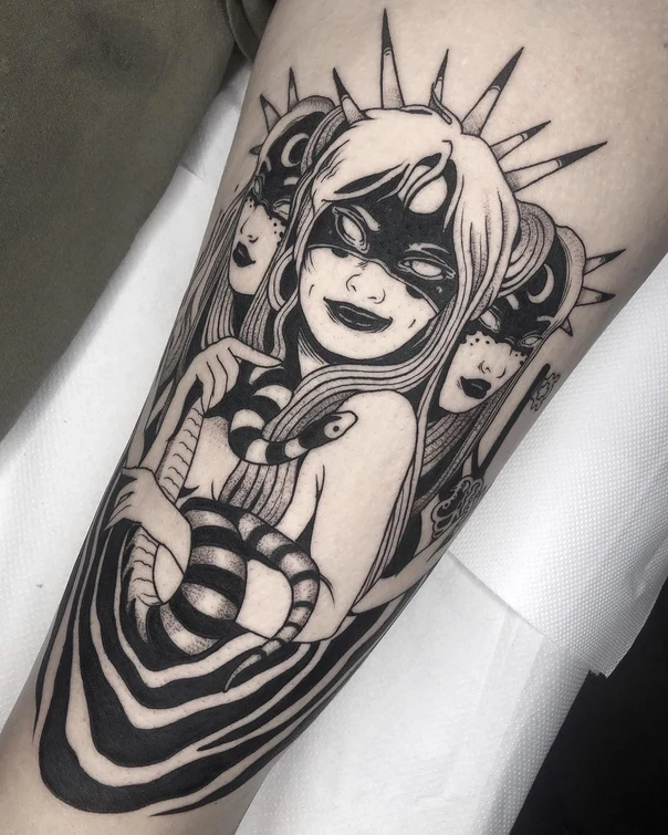 Blackwork Women, Snake tattoo on Forearm