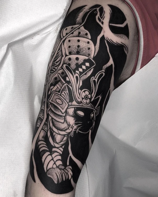 Blackwork Cat, Samurai tattoo on Forearm
