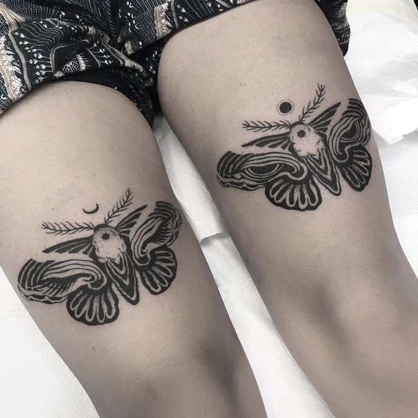 Blackwork Moth, Moon tattoo on Thigh