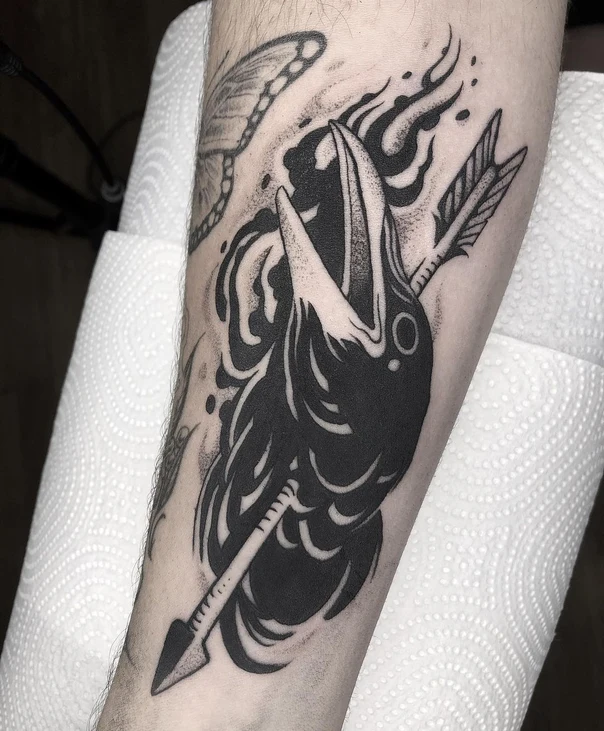 Blackwork Crow, Arrow tattoo on Forearm