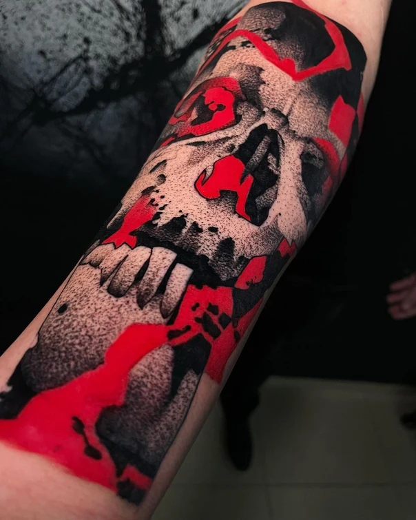 Trash Polka Skull tattoo on Forearm