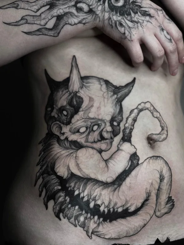 black and grey dark татуировка на stomach #46441 | Тату мастер Лиза Могилкина