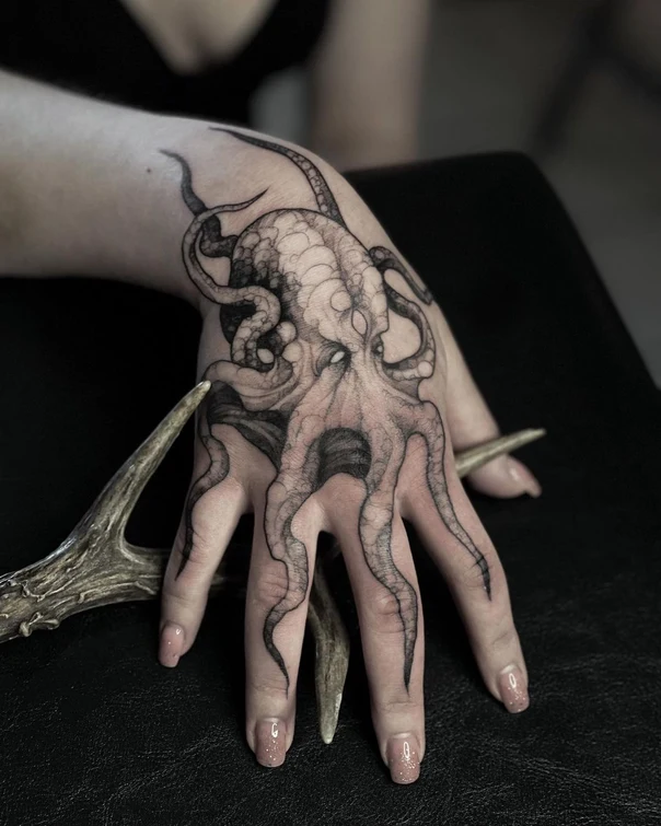 Blackwork Octopus tattoo on Back of Hand
