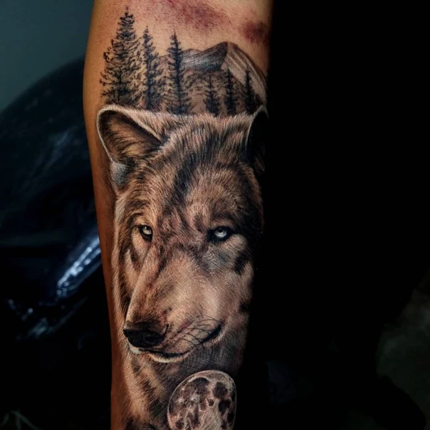 Realism Wolf, Mountain tattoo on Forearm