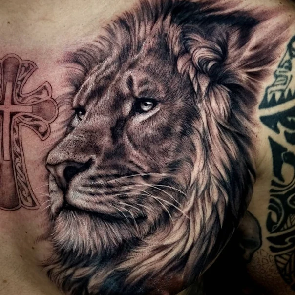 Realism Lion, Cross tattoo on Chest