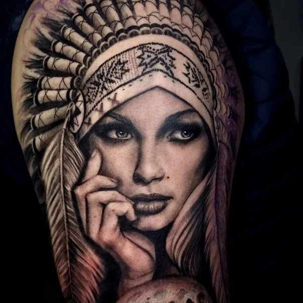 Realism Native american, Portrait tattoo on Upper Arm