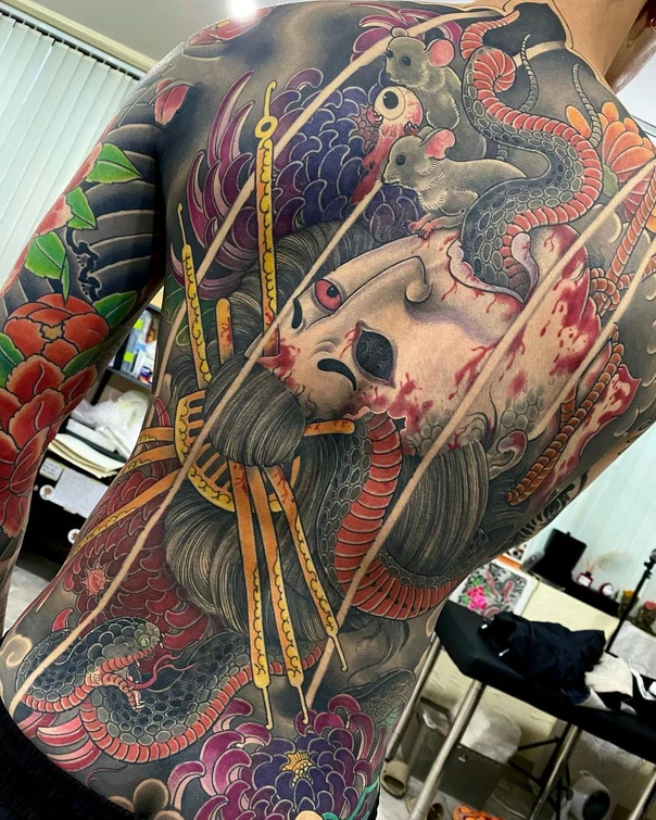 Japanese Snake, Skull tattoo on Full Back