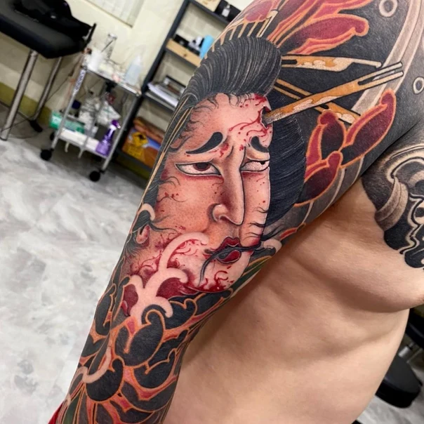 Japanese Geisha, Waves tattoo on Full Sleeve