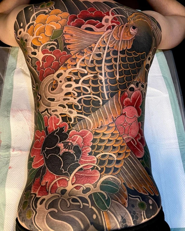Japanese Koi, Flowers tattoo on Full Back