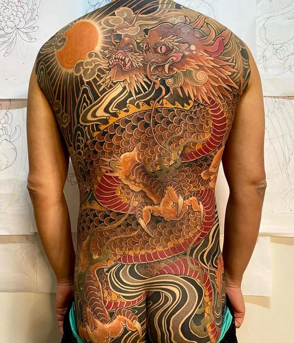 Japanese Dragon, Clouds tattoo on Full Back
