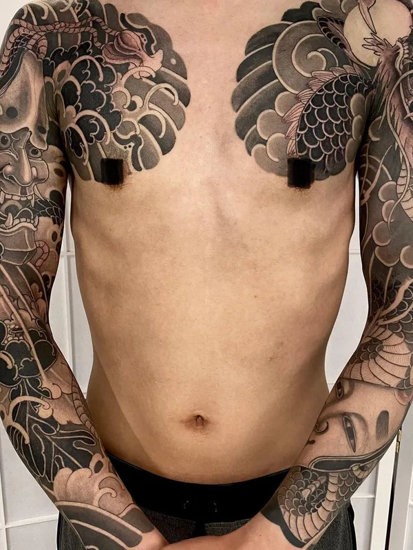 male black and grey japanese татуировка на full sleeve #46483 | Тату мастер Tattooartist_Jehoo